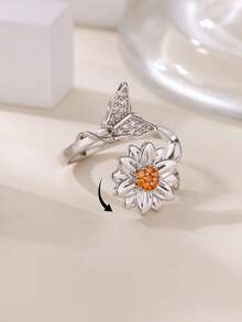 1pc Sweet Butterfly & Sunflower Rotating Ring, 18K Gold Plated Open Band, Interesting Design Jewelry, Daily Wear & Gift - Multicolor - View 4