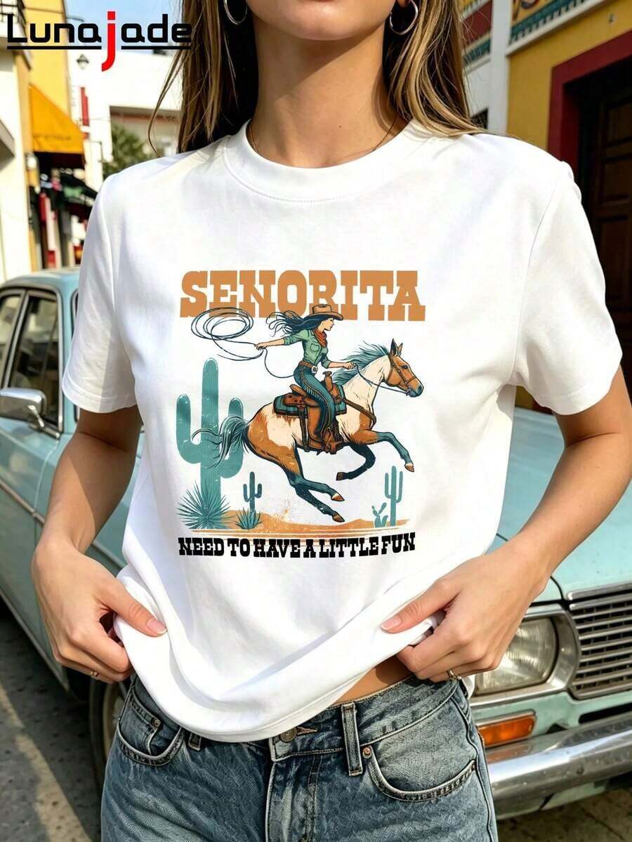 Camisetas Para Mujer Lunajade AlgodóN Puro Camiseta Estampada Vaquera Western Need To Have A Little Fun Para Mujer, EstéTica Y2K, Manga Corta Holgada - Blanco - Ver 1