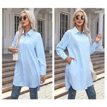 Oversized Solid Color Shirt, Women's Long Sleeve Button-Up Tunic Top With Side Slits - 藍色 - 查看 2