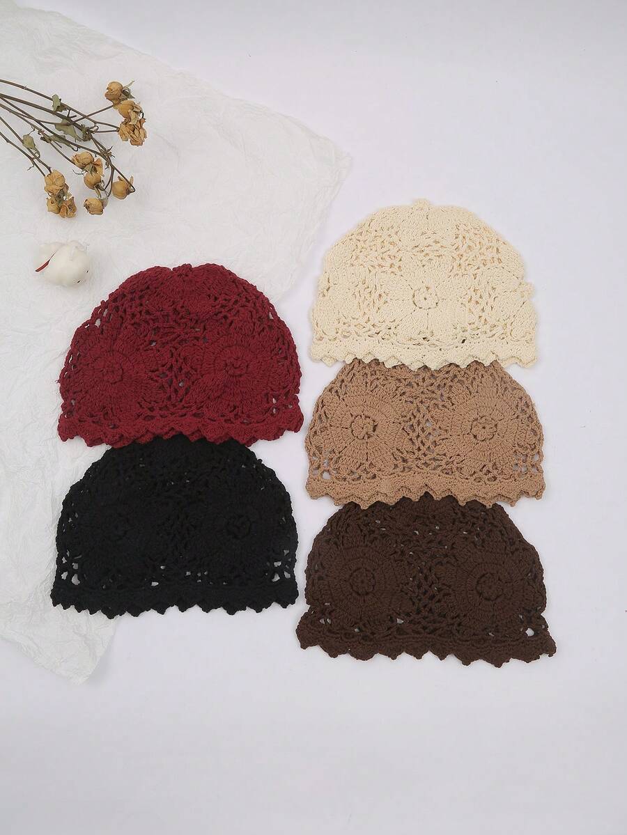 1pc Women's Fashionable Spring/Autumn Lightweight Hollow Crochet Knit Hat, Suitable For Beach, Boho Style Outfit - A - View 1