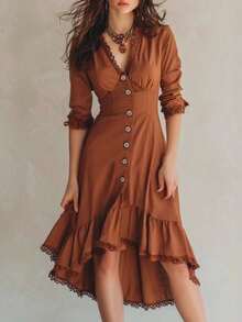 Vintage Palace-Style Midi Dress With Lace Trim And Ruffles - Pale Yellow - View 5