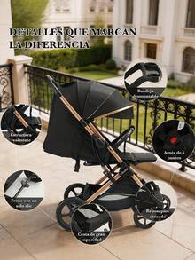 Carriola reversible y alta para bebé, incluye bandeja desmontable y toldo solar, ruedas grandes con suspensión y una amplia canasta de almacenamiento inferior. Imprescindible para pasear al bebé. - Negro - Ver 4