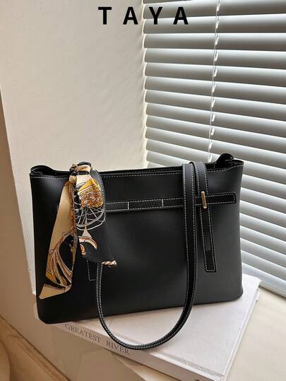 Women's Large Capacity Tote Shoulder Bag, Elegant Solid Black PU Leather Office Handbag, Luxury Scarf Decor Top Handle Bag, Casual Versatile Daily Commute Shopping Travel Ladies Shoulder Bag