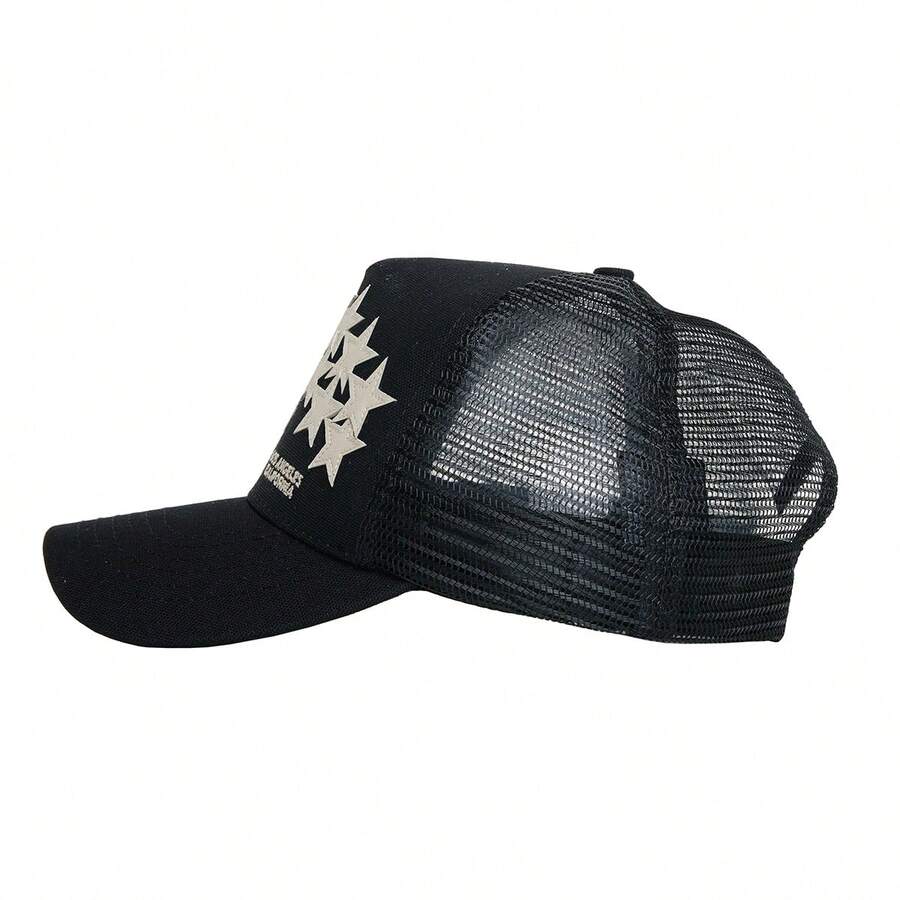 Mũ lưỡi trai kiểu tài xế xe tải, mũ bóng chày phong cách hip hop đường phố màu đen với ngôi sao, mũ lưới thoáng khí điều chỉnh được, mũ unisex. - màu đen - Xem 1