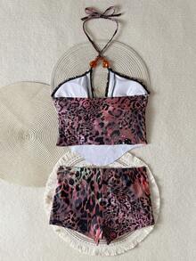 Women's Sexy Halter Leopard Print Bikini Set, Decorated With Beaded Details, Two Pieces Swimwear, Suitable For Beach Or Pool Party Vacation Summer - Multicolor - View 5