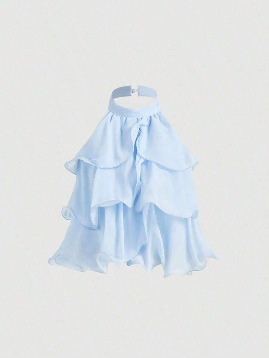 Top corto elegante de múltiples capas con volantes en azul marino, top para Año Nuevo, top de fiesta, top minimalista casual de mujer con botones frontales y tirantes anchos para uso diario, look vintage para el Día de San Valentín - Azul - Ver 1