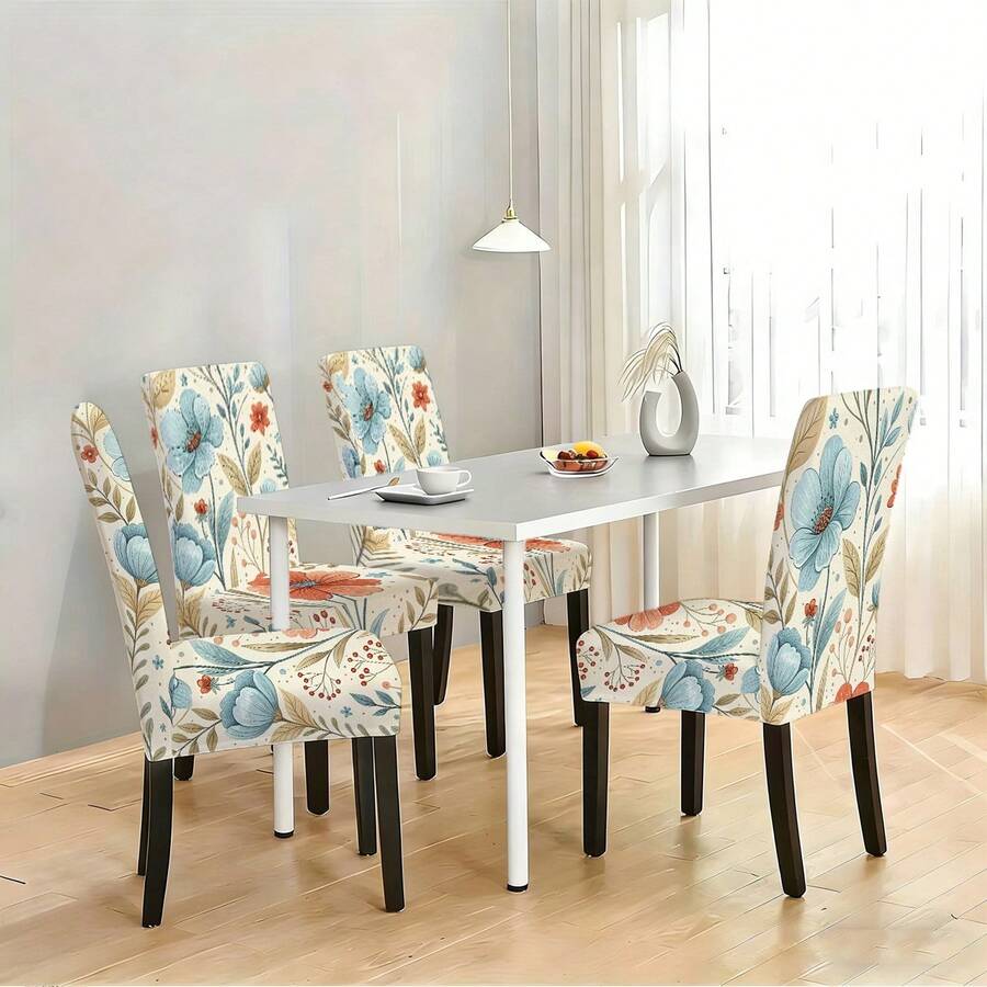 1pc/2pcs/4pcs/6pcs/30pcs Capa Elástica para Cadeira de Jantar, Tamanho Universal, Estilo de Arte Floral em Aguarela, Estampa de Flores Azul & Laranja, Poliéster de Alta Elasticidade, Cobertura Total, Resistente a Manchas, Lavável & Removível - Multicolorido - Ver 1