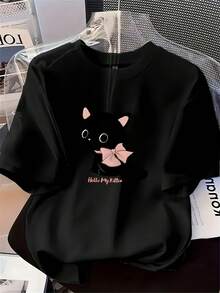 Women's T-Shirt With Naughty Cat Print, Summer Tops For Ladies - Black - View 1