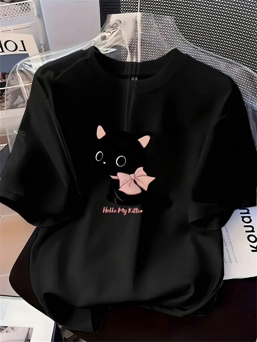 Women's T-Shirt With Naughty Cat Print, Summer Tops For Ladies - Black - View 1