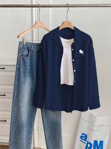 Camisa de manga larga holgada con estampado minimalista para mujer - Azul marino - Ver 6