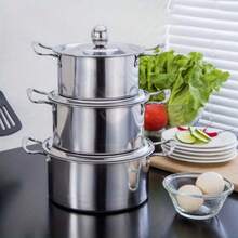 3-Piece Stainless Steel Cookware Set, Double Handle Stainless Steel Cookware Set With Lids, Induction Hob Compatible, Kitchen Utensils, Stainless Steel Pot - View 2