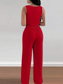 Set de 2 piezas para mujer con top corto elegante con diseño calado y ata y pantalón recto para vacaciones - Rojo - Ver 2