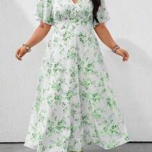 Clasi Loose V-Neck Batwing Sleeve Blue & White Ceramic Print Casual Holiday Plus Size Dress - Verde - Ver 1