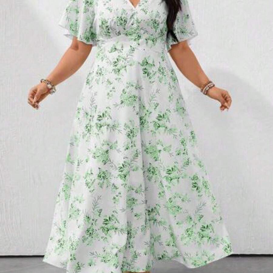 Clasi Loose V-Neck Batwing Sleeve Blue & White Ceramic Print Casual Holiday Plus Size Dress - Verde - Ver 1