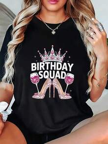 Talla grande, camiseta de mujer de talla grande con estampado gráfico BIRTHDAY SQUAD, manga corta, cuello redondo, top casual para verano y primavera, ropa de mujer - Negro - Ver 6