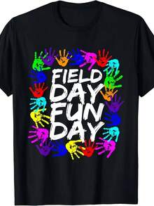 Unisex T-Shirt With "Cute Field Day Teacher I'm Just Here For Field Day" Print For Men And Women, Matching Style, Summer 2026, Short Sleeve, 220g - 黑色 - 查看 6