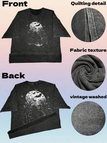 Camiseta Negra Holgada Lavada Estilo Vintage Unisex con Estampado de Noche de Bosque con Luz de Luna, Murciélago y Árbol, Patrón Gótico de Murciélago Vampiro, Camiseta de Disfraz Temático de Bruja para Halloween, Camiseta para Fiesta de Terror, Ropa de Estética Oscura, Regalo para Entusiastas de los Vampiros, Camiseta Temática de Halloween - Negro - Ver 6