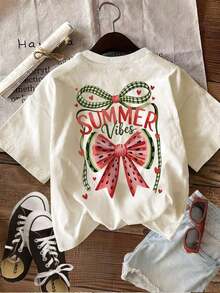 Gift Pattern Printed Double-Sided [Double-Sided Print] Women's Casual Summer Top With Vintage Watermelon Print And Bow SUMMER Vibes, Short-Sleeved Crew Neck T-Shirt - Unisex Loose-Fitting Cotton T-Shirt In An Urban Vintage Style With A Crew Neck And Short Sleeves. Soft - 杏 - 查看 3