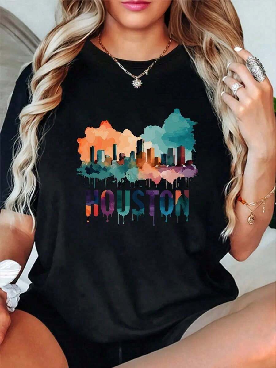 Camiseta casual de manga corta para mujer con estampado de la estrella del casco de los Aggies Football Texas, adecuada para todas las estaciones -Negro 100% algodón - Negro - Ver 1