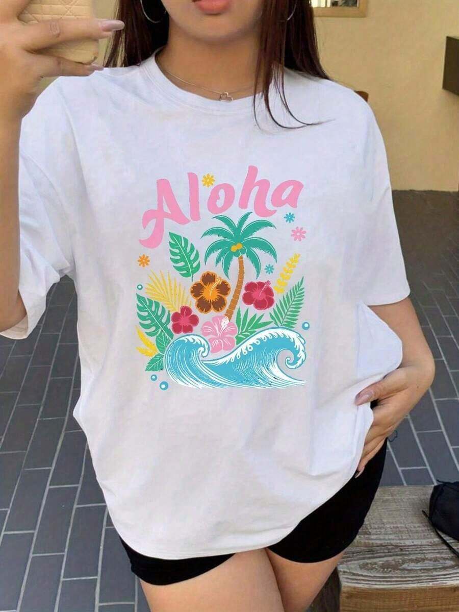 Women's Plus Size Short Sleeve T-Shirt With Hawaiian Aloha Print - Tropical Style Vacation Top With Palm Tree And Hibiscus Flower Motifs, Lightweight Round Neck Shirt For Summer Beach, Suitable For Beach, Luau Parties And Daily Wear, Machine Washable Women's Clothing, All Season Beach Top, 100% Cotton. - 白色 - 查看 1