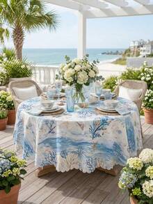 1 pieza Mantel redondo con patrón de ola de coral oceánico en acuarela - Diseño de escena submarina en azul suave con estrellas de mar y conchas, perfecto para decoración del hogar, decoración de habitaciones, accesorios de cocina, jardín, patio, casa de playa, fiesta en la piscina, cabaña de playa y boda junto al mar - Multicolor - Ver 1