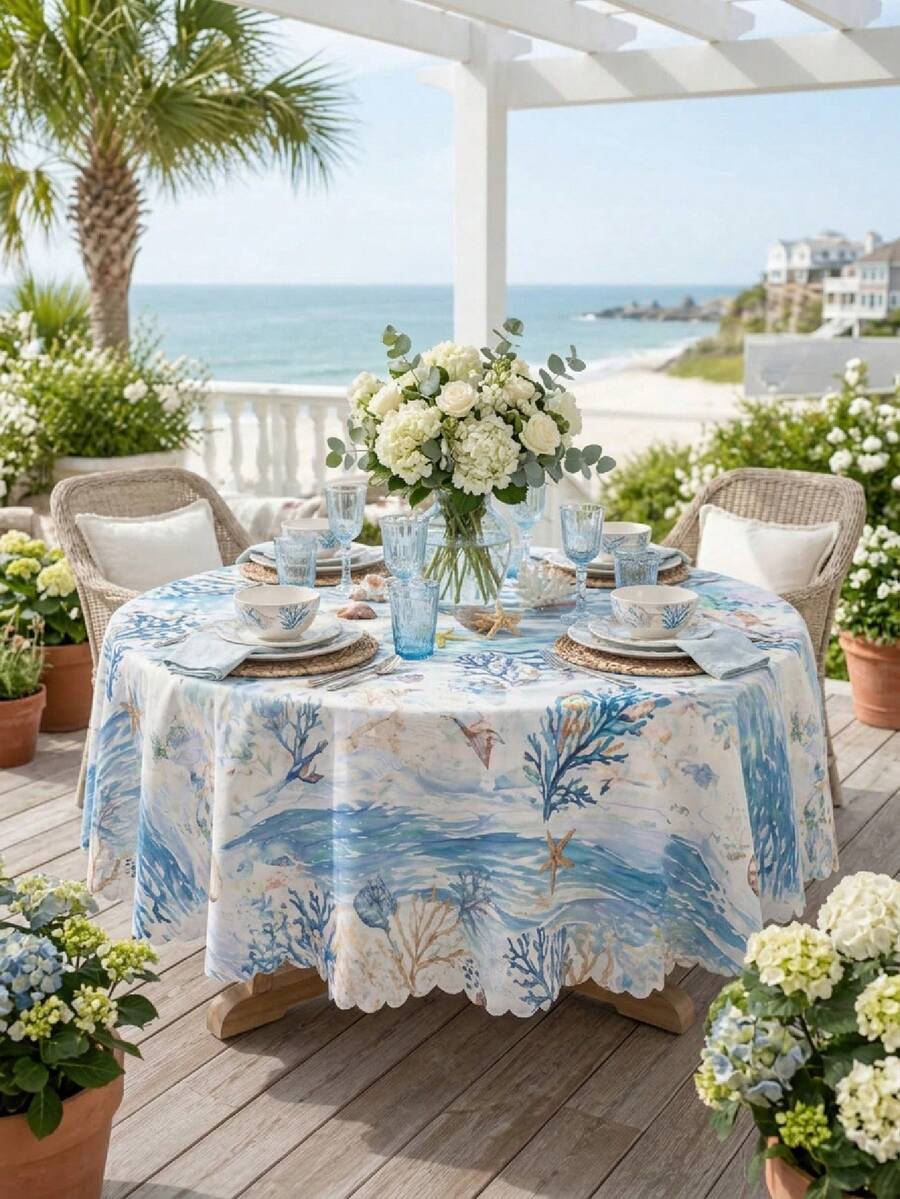 1 pieza Mantel redondo con patrón de ola de coral oceánico en acuarela - Diseño de escena submarina en azul suave con estrellas de mar y conchas, perfecto para decoración del hogar, decoración de habitaciones, accesorios de cocina, jardín, patio, casa de playa, fiesta en la piscina, cabaña de playa y boda junto al mar - Multicolor - Ver 1