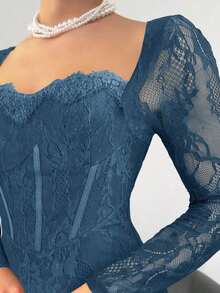 Vestido negro ajustado hasta el suelo con cuello corsé ahuecado y mangas largas con encaje en forma de S sexy para mujer para fiestas, citas y banquetes de otoño/invierno nuevo - Agua verde azul - Ver 6