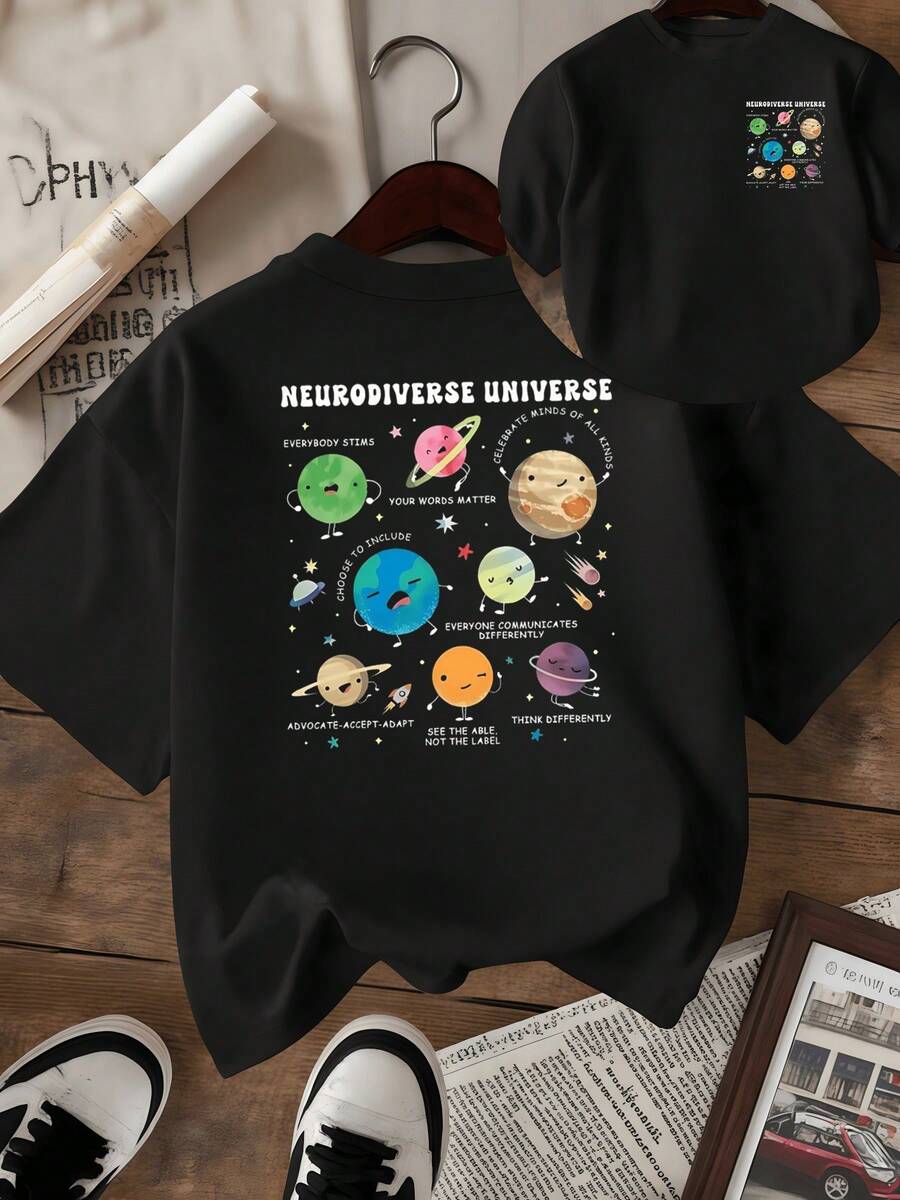 Colorful Planets Representing The Diversity Of Thought And The Union Of All Minds In An Inclusive Universe Full Of Respect, Empathy, And Acceptance. Women's T-Shirt With Double Print Inspired By Neurodiversity. - 黑色 - 查看 1