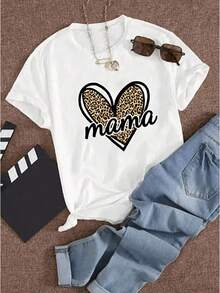 Camiseta informal de corte holgado para mujer con cuello redondo, estampado con la palabra <<mama» y motivo de corazones con estampado de leopardo. - Blanco - Ver 1