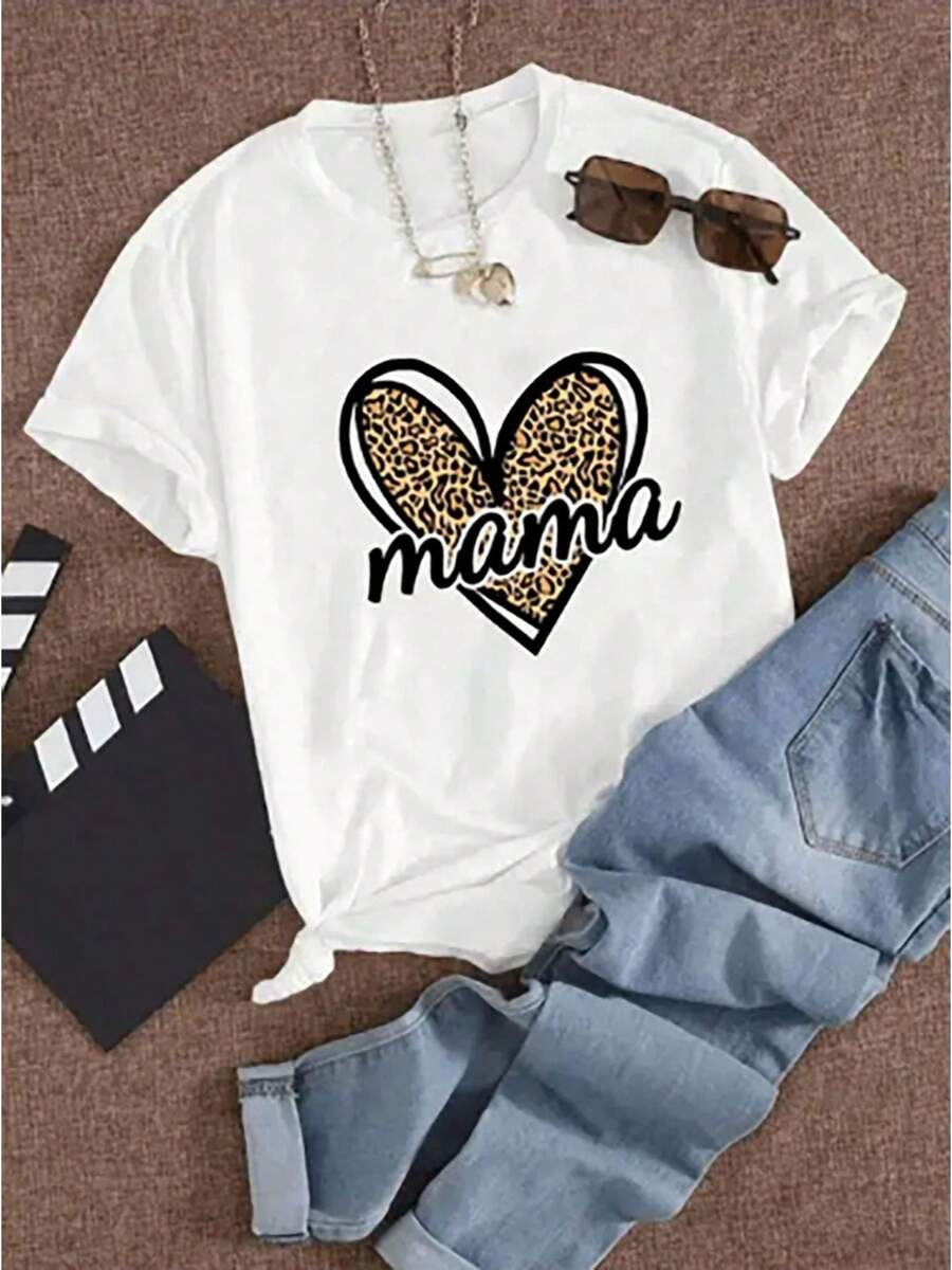 Camiseta informal de corte holgado para mujer con cuello redondo, estampado con la palabra <<mama» y motivo de corazones con estampado de leopardo. - Blanco - Ver 1