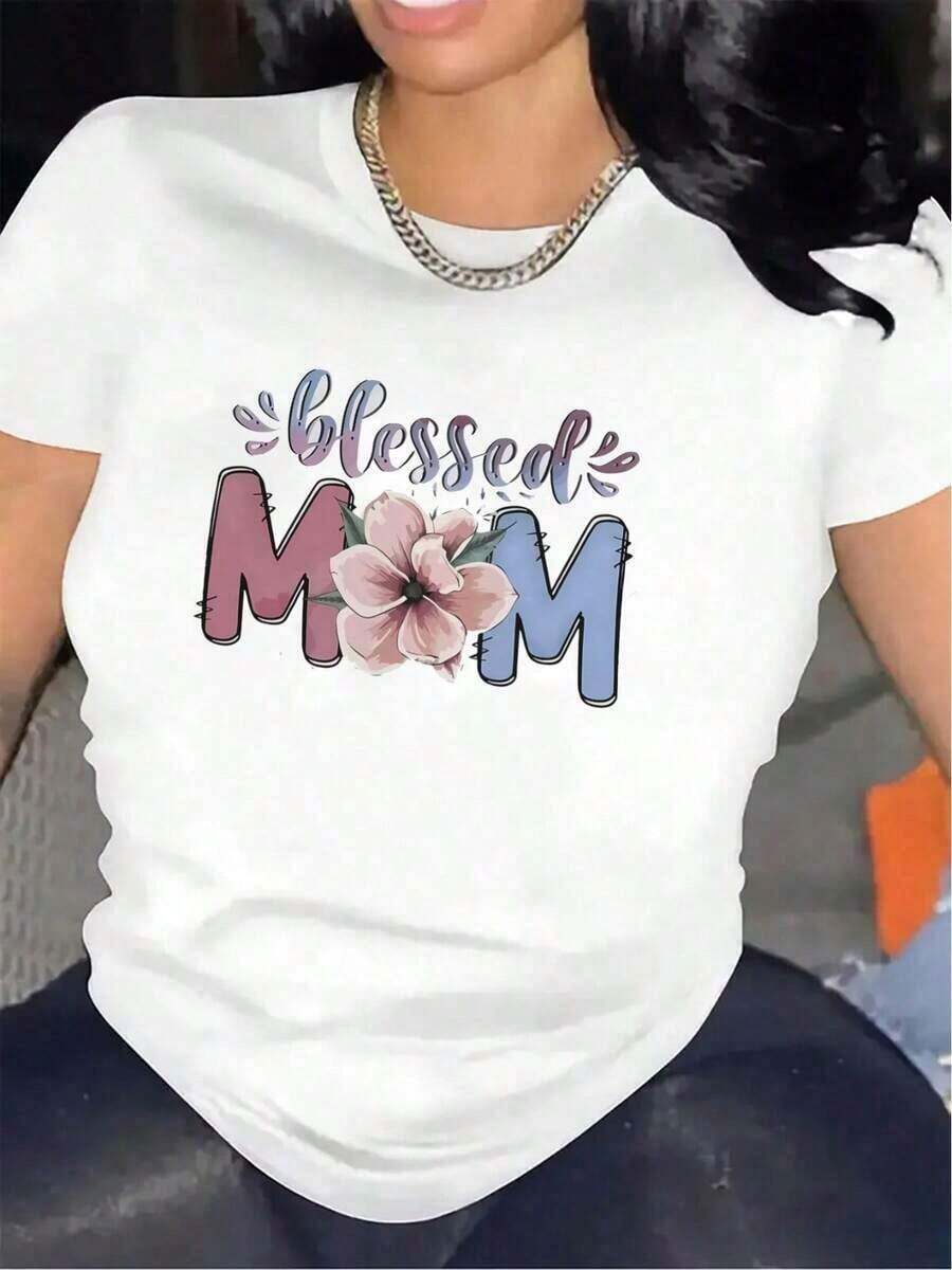 Altamente recomendado [S-7XL] Nueva Camiseta de Algodón para Mamá |    Diseño con estampado floral, ideal para la sala de estar en casa, tela cómoda y duradera, ropa casual elegante, regalo perfecto para el Día de la Madre, material ligero y transpirable, adecuado para uso diario y ocasiones especiales. El mejor regalo para mamá en el Día de la Madre. Fácil de combinar. - Blanco - Ver 1