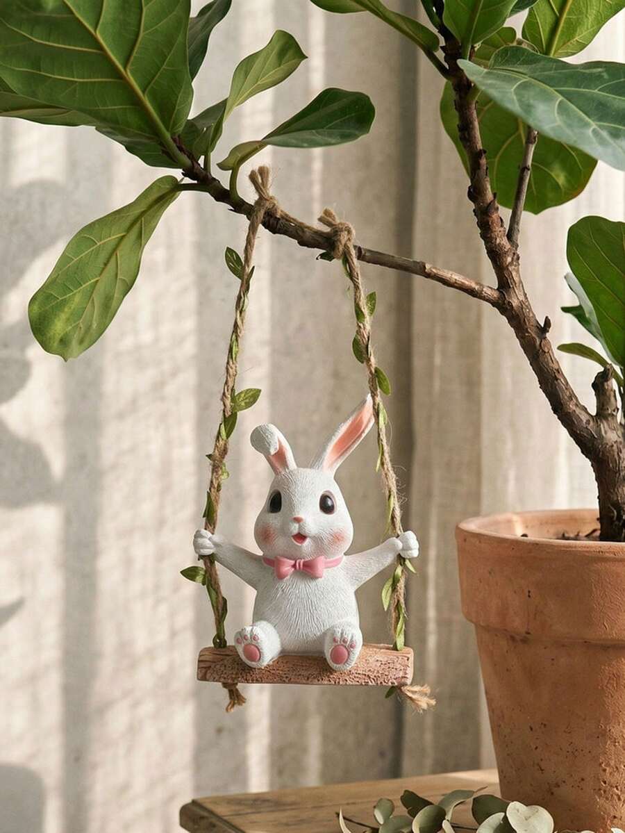 1pc Creative Swinging Rabbit Resin Hanging Ornament, Cute Design With Great Atmosphere, Waterproof And Fade-Resistant, Suitable For Hanging In Garden, Balcony, Tree Branch, Corridor, Mori Style Pastoral Healing Landscape, Garden Decoration, Perfect For Gift Or Personal Use