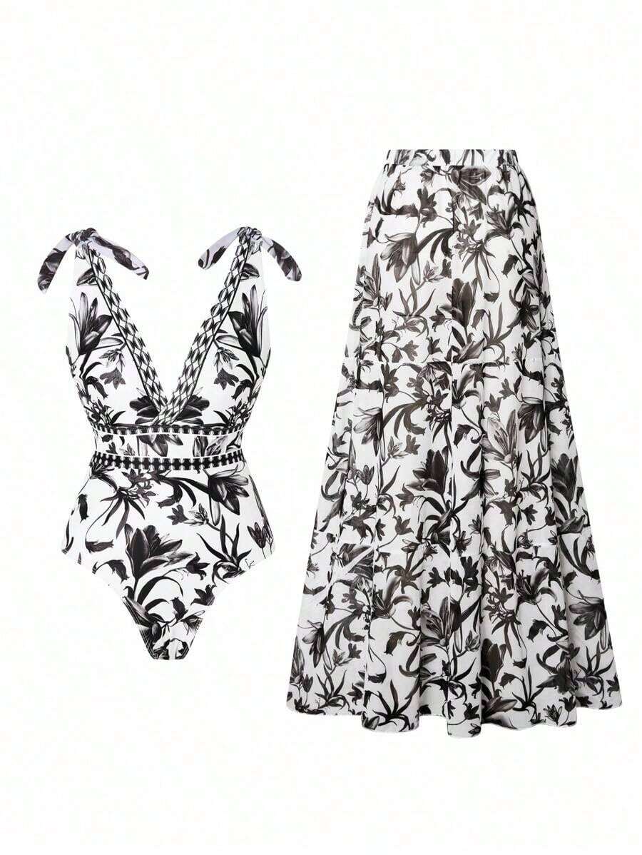 Swim Oasis Traje de baño de una pieza con cuello en V, estampado floral azul, diseño halter y espalda descubierta, con falda transparente.Atuendo de playa de verano de alta gama para mujer - Blanco y Negro - Ver 1