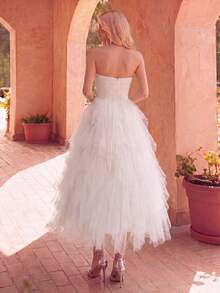 Faeriesty Đầm midi trắng thanh lịch không dây vai - Đầm dự tiệc xếp tầng bằng vải lưới với cổ áo hình trái tim và thân áo xếp ly, phù hợp cho khách dự đám cưới, tiệc tùng, cocktail, kỳ nghỉ xuân. - trắng - Xem 2