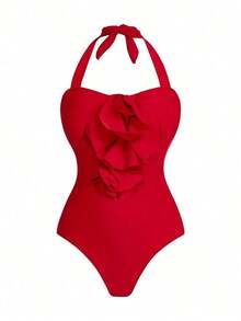 Swim Oasis Conjunto de traje de baño de una pieza con estampado floral 3D para vacaciones de verano - Rojo - Ver 4