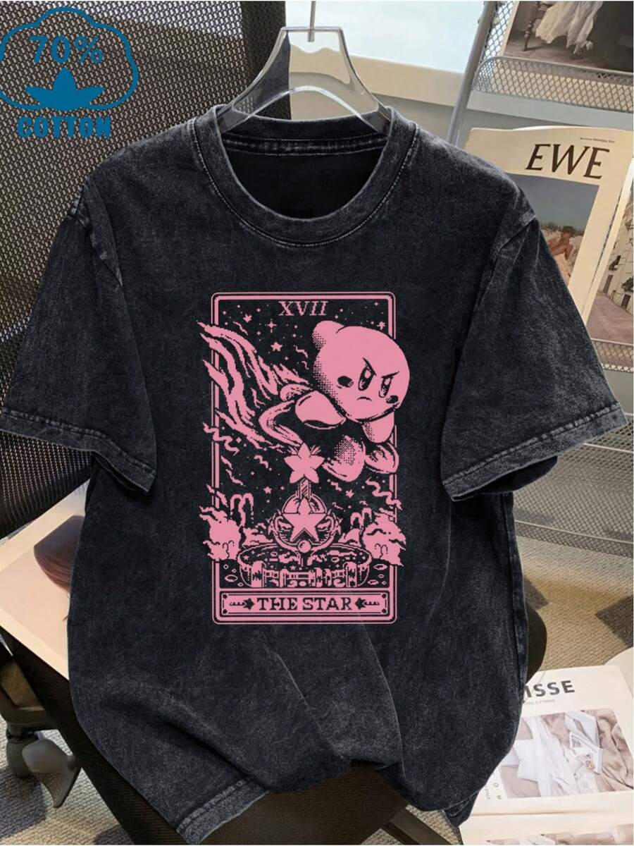 Camiseta de manga corta para mujer, lavada al agua, cuello redondo vintage con diseño gráfico rosa, ideal para uso casual en la sala de estar, hecha de tela suave, color negro - Negro - Ver 1