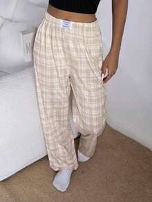 Pantalones de estar por casa rectos de cintura elástica con estampado de cuadros para mujer, para invierno - Caqui - Ver 5