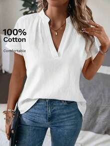 Camisa casual de mujer de unicolor con cuello en V y manga corta - Blanco - Ver 6