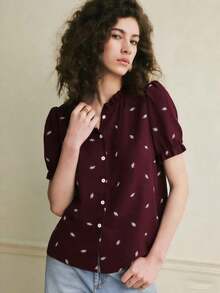 Camisa azul de mujer con cuello con volantes, mangas de pétalos y textura de tela suave, estilo francés casual de vacaciones, primavera/verano - Burdeos 2 - Ver 5