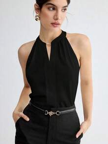 Blusa sin mangas con cuello halter y escote de ojo de cerradura para mujer, versátil para ocasiones románticas, elegantes, de oficina, para maestras, invitadas de boda, en otoño - Negro - Ver 1