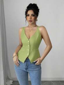 Camiseta sin mangas de un solo pecho de unicolor casual para mujer - Verde 5 - Ver 7
