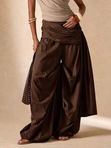 Pantalones sueltos y plisados de unicolor para uso diario de mujer - Café integral - Ver 4