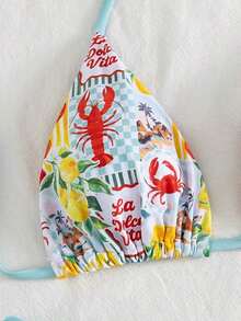 Swim Mod Conjunto de bikini de dos piezas con estampado de frutas y verduras en todo el diseño, con escote halter y lazos, para vacaciones de verano - Multicolor - Ver 3