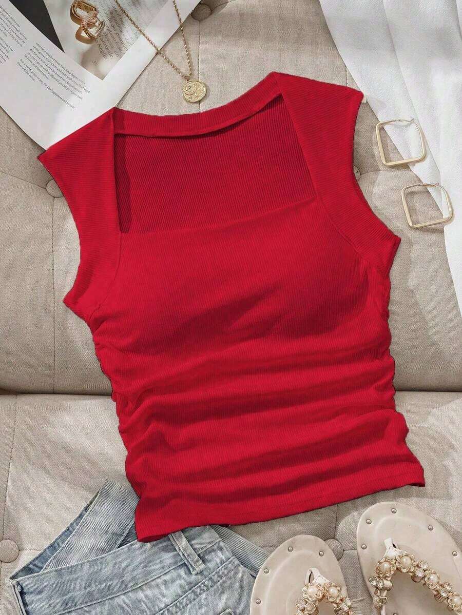 Camiseta sin tirantes con cuello cuadrado, cintura fruncida y sujetador acolchado sin aros - Rojo - Ver 1