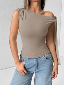 Camiseta de tirantes de unicolor informal con cuello de halter y lazada para el verano - Gris Claro - Ver 3