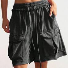 Women's Casual Drawstring Waist Cargo Pocket Loose Shorts - Negro - Ver 3