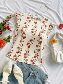 Camiseta casual de mujer con cuello redondo, mangas de volantes y estampado floral, blusas florales para mujer, blusas con mangas de volantes, para salir, blusas de manga corta lindas - Multicolor - Ver 5