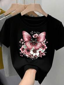 Camiseta informal de manga corta y cuello redondo para mujer con un bonito estampado floral de mariposas. Top de largo normal. - Negro - Ver 6