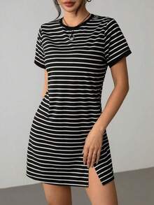 Vestido corto de manga corta para el verano con estampado de rayas y ribete a color block - Blanco y Negro - Ver 5