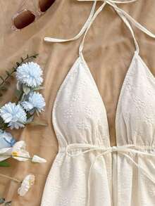 WYWH Top de tirantes blanco con cuello en V, textura de tela y espalda anudada, ideal para mujer en verano para fiestas, vacaciones, citas, San Valentín, tarde de té - Blanco - Ver 4